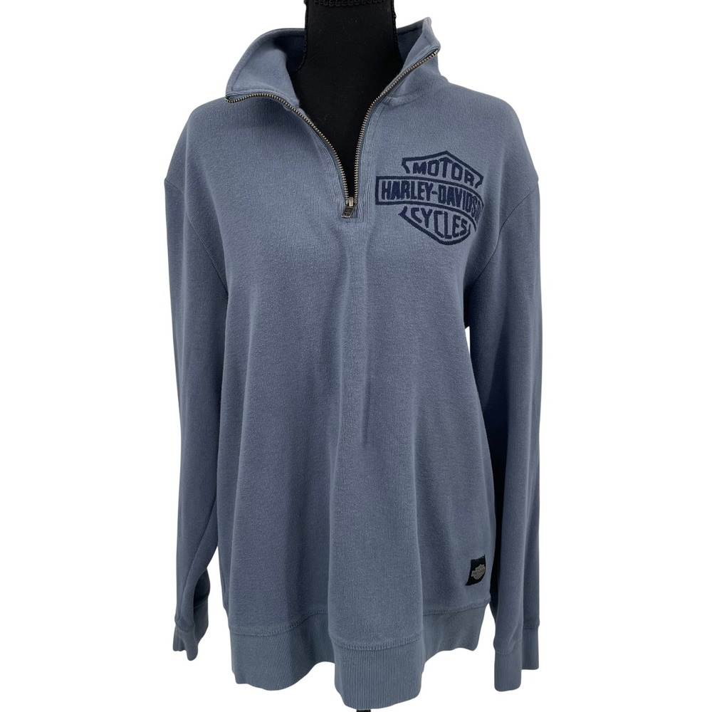 Harley-Davidson Mens Quarter Zip Pullover Sweatshirt Blue‎ Large Logo Biker L